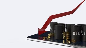 flecha roja apuntando hacia abajo y tanques de aceite imagen de representación 3d para contenido de negocios de petróleo. foto