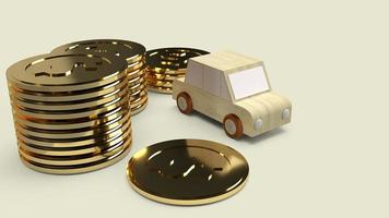 juguete de madera de coche y monedas de oro para la representación 3d del contenido del coche. foto