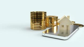 home wood on smartphone and gold coin 3d rendering for property content. photo