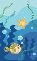 pez globo con vida marina estrella de mar vector