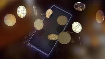 The   yuan symbol on gold coins and  mobile phone  3d rendering for china Digital Currency photo