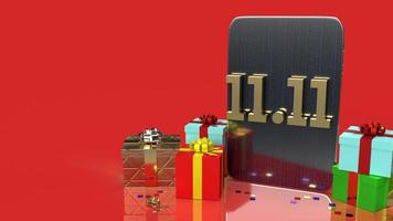 festival de compras 11.11 texto dorado y tableta, caja de regalo representación 3d. foto