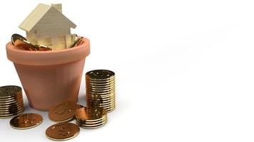 home wood toy and gold coins in plant 3d rendering for property content. photo