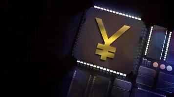 The gold yuan symbol on electronic chip 3d rendering photo