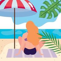 blond woman seated on the beach vector