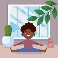 afro boy yoga and cactus vector