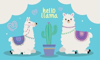 dos llamas con cactus vector