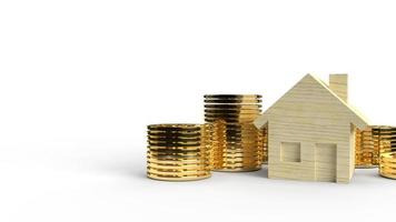 The wooden home toy and gold coins 3d rendering for business content. photo