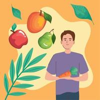 hombre con frutas y verduras vector