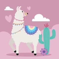 sweet llama with cactu plant vector