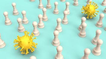 yellow virus and wood chess for  coronavirus content 3d rendering photo