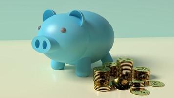 blue Piggy bank and gold coins 3d rendering for business content. photo