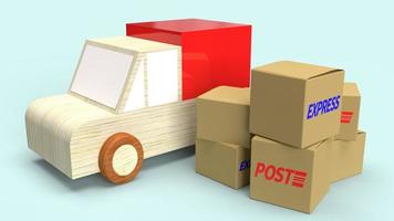 cajas postales y furgoneta de madera 3d renderizado para contenido de entrega. foto