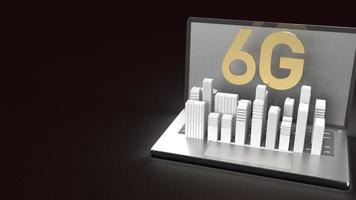 The 3d rendering 6g text gold surface glow on notebook and building  in dark image for mobile technology content. photo