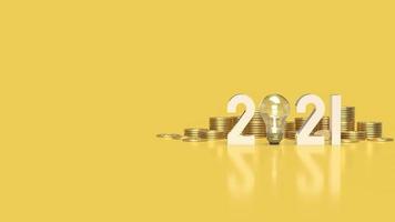 The number 2021 and gold coins  on yellow background 3d rendering. photo