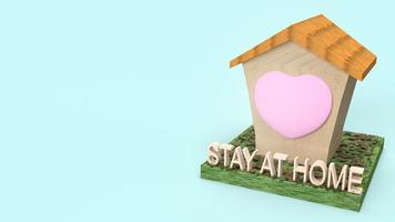 juguete de madera para el hogar y texto quedarse en casa renderizado 3d para contenido de cuarentena. foto