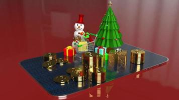 The snowman and shopping cart on tablet for marketing online in  Christmas and new year  holiday content 3d rendering photo