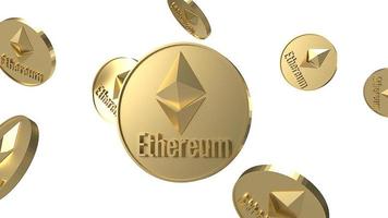 criptomoneda de monedas ethereum cayendo en renderizado 3d de fondo blanco foto