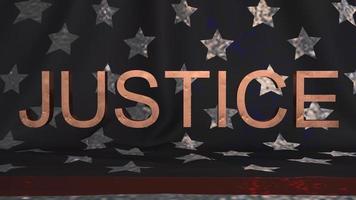 texto de metal de justicia en la representación 3d de la bandera americana frontal para el contenido de la ley. foto
