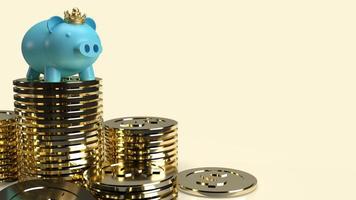 The blue pig bank and crown on gold coins for business content 3d rendering. photo