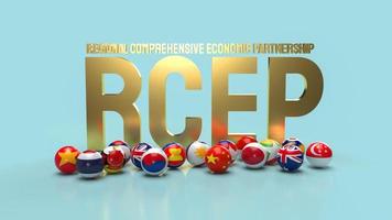 el texto dorado rcep o asociación económica integral regional y representación 3d de bandera de bola. foto