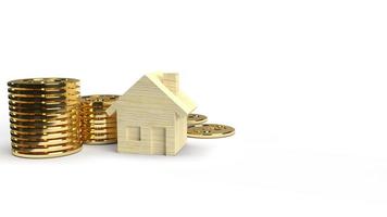 casa de juguete de madera y representación 3d de moneda de oro sobre fondo blanco para contenido de propiedad. foto
