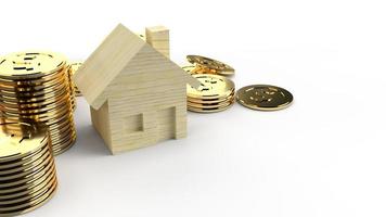 The wooden home toy and gold coins 3d rendering for business content. photo