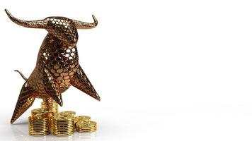 toro de oro y monedas sobre fondo blanco para la representación 3d de contenido empresarial. foto
