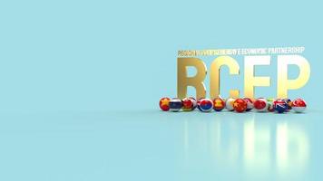 The gold text rcep or Regional Comprehensive Economic Partnership and ball flag 3d rendering. photo