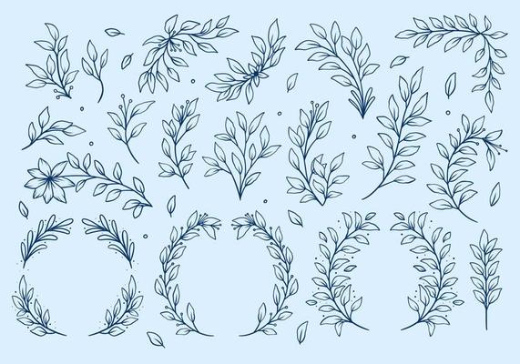 flower leaf leaves vector outline set collection rustic hand drawing style