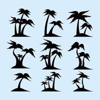 group of coconut palm trees silhouette on small isolated island. Set collection of coconut palm trees island silhouette vector