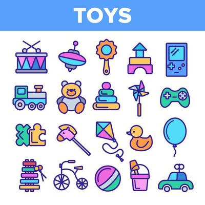Children Toys Linear Vector Thin Icons Set