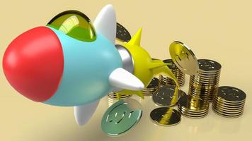 The rocket and gold coins for start up business content 3d rendering. photo