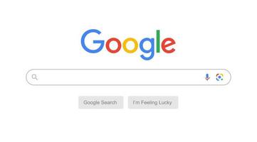 página de búsqueda de google, página de búsqueda de google sobre fondo blanco con tipos de voz e iconos de lentes y texto inferior vector