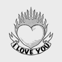 Heart burning i love you doodle black and white illustration hand drawn vector