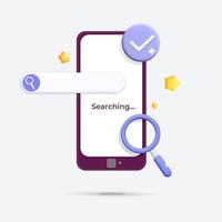 3d vector smartphone with purple search web bar  and magnifying glass symbol design illustration