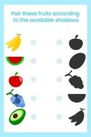 Children's activity sheet draws a line, matching the fruit and its shadow. suitable for children's activity books aged 3 years and over. vector