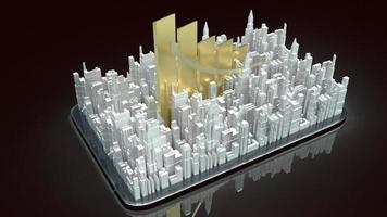 building city and chart arrow up on tablet for property content 3d rendering. photo