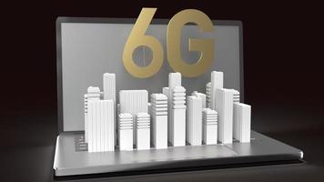 The 3d rendering 6g text gold surface glow on notebook and building  in dark image for mobile technology content. photo