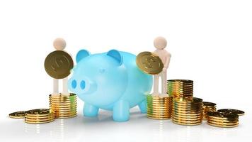 blue piggy bank and wood figure hold gold coins for business content 3d rendering. photo