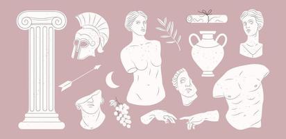 Greek statues, marble elements and art objects illustration set. Antique sculptures in hand drawn style. Vector illustration.