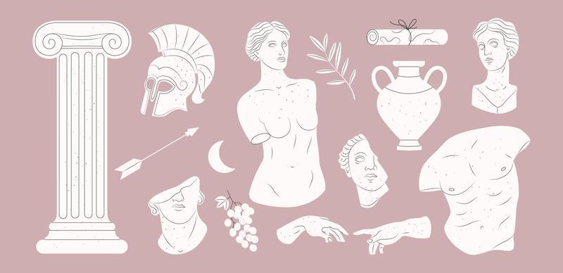 Greek statues, marble elements and art objects illustration set. Antique sculptures in hand drawn style. Vector illustration.