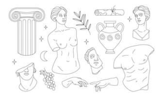 Set of antique greek sculptures in line style. Vector illustration.