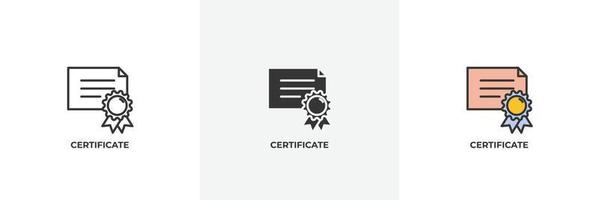 icono de certificado. línea, contorno sólido y relleno versión en color, contorno y signo de vector relleno. símbolo de idea, ilustración de logotipo. gráficos vectoriales