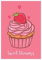Valentine's day card with strawberry cupcake. Vector graphics.