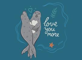 Postcard with a cute seals and an inscription. Vector graphics.