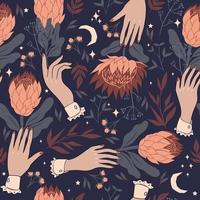 Seamless pattern with hands and protea flowers. Vector graphics.