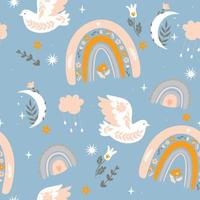 Seamless pattern in boho style with birds and rainbows. Vector graphics.