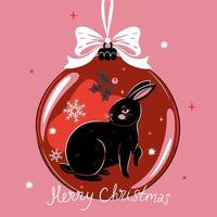 Christmas card with a Christmas ball with a black rabbit. Vector graphics.