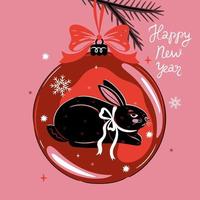 Christmas card with a Christmas ball with a black rabbit. Vector graphics.